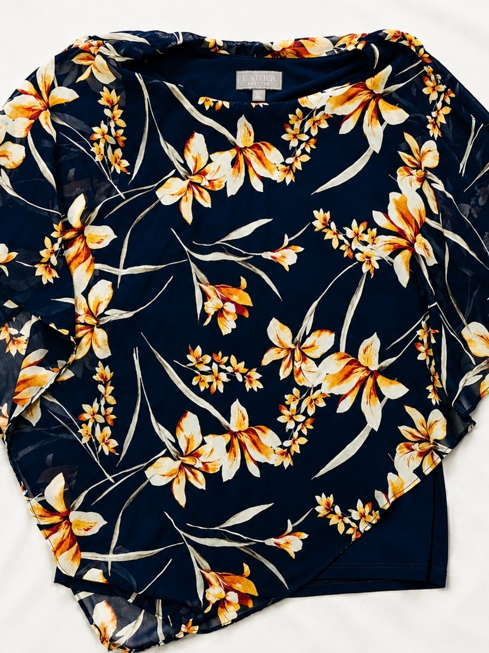 Laura Navy Floral Overlay Blouse with Yellow-Cream Blooms